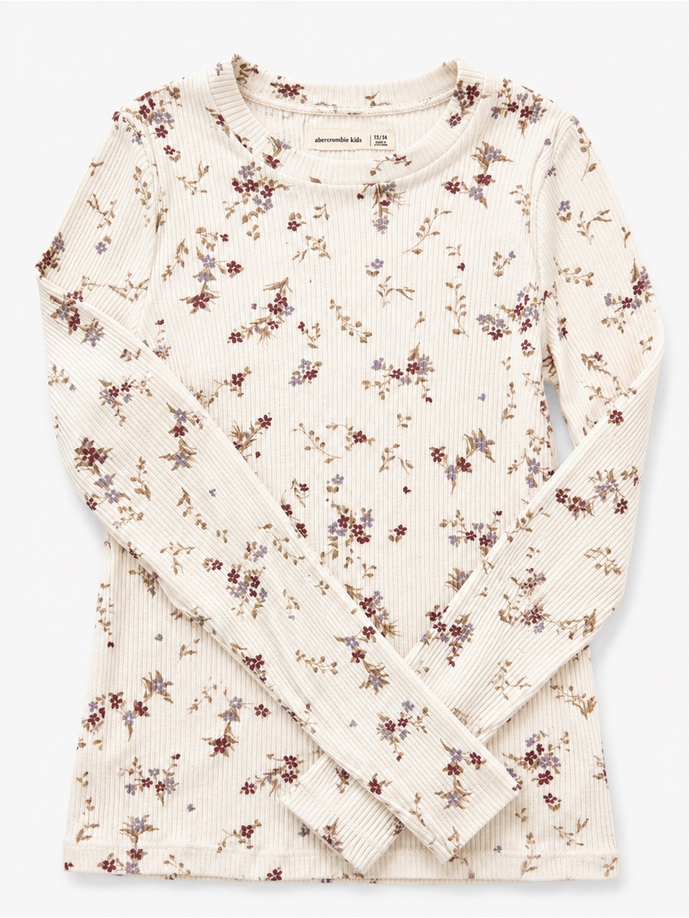 Abercrombie Kids Cream Floral Ribbed Long Sleeve Top